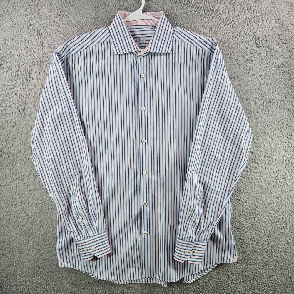 Bugatchi Uomo Mens Dress Shirt 16.5 34/35 Blue Pink Striped Long‎ Sleeve Cotton